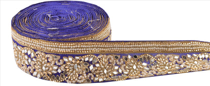 Sanskriti Hand Beaded Prom Dress Border 1 YD Trim Blue Craft Lace Mirror Work Pearl Beads