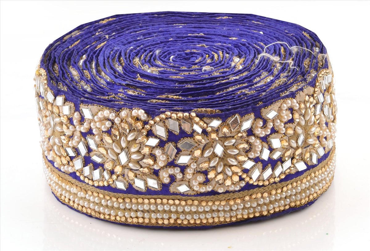 Sanskriti Hand Beaded Prom Dress Border 1 YD Trim Blue Craft Lace Mirror Work Pearl Beads