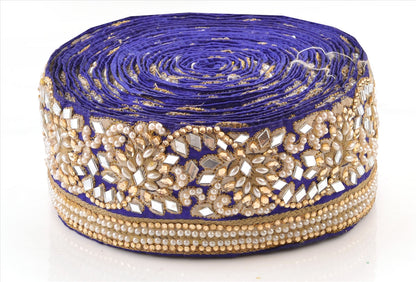 Sanskriti Hand Beaded Prom Dress Border 1 YD Trim Blue Craft Lace Mirror Work Pearl Beads