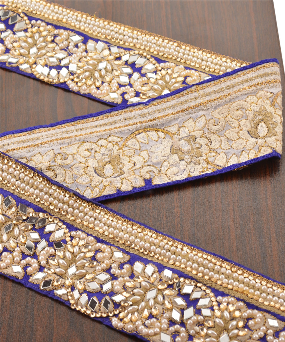 Sanskriti Hand Beaded Prom Dress Border 1 YD Trim Blue Craft Lace Mirror Work Pearl Beads