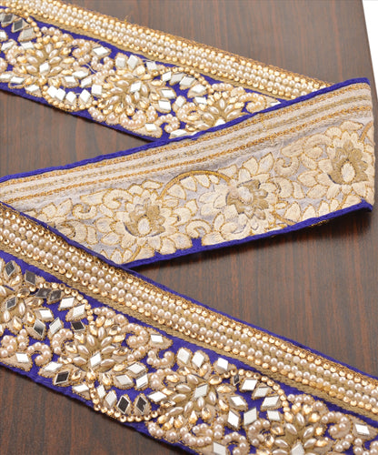 Sanskriti Hand Beaded Prom Dress Border 1 YD Trim Blue Craft Lace Mirror Work Pearl Beads