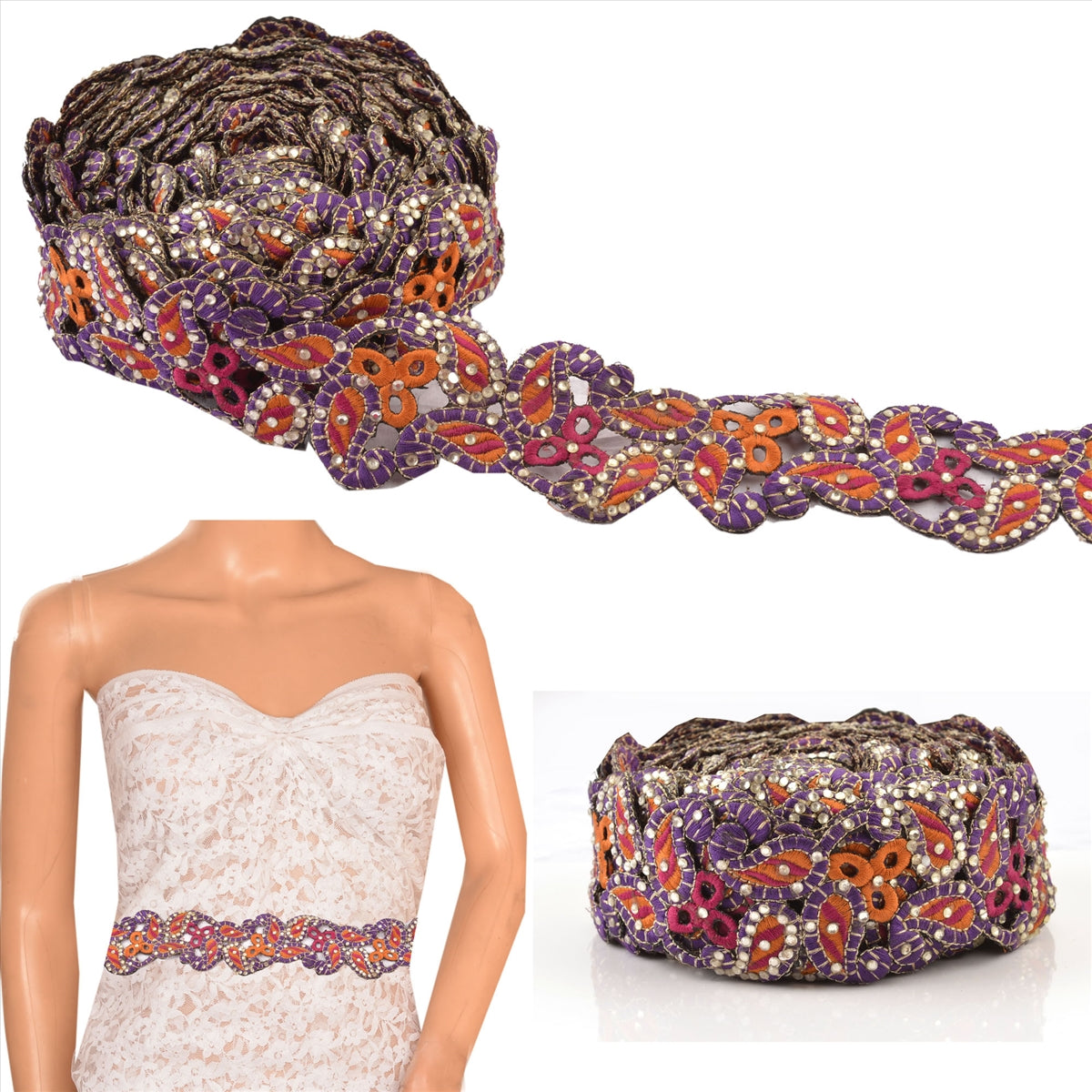 Håndperlet gallakjolekant 1 YD kant lilla lyserød håndlavet blonde rhinsten arbejde