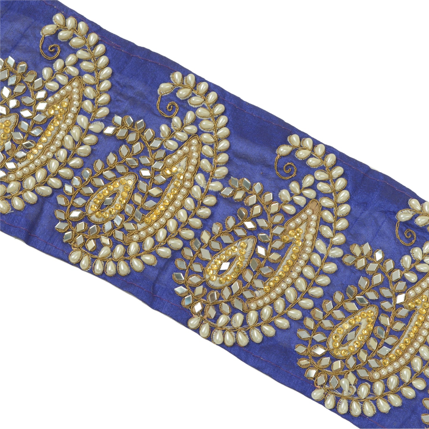 Sanskriti Hand Beaded Prom Dress Border 1 Yard Trim Purple Craft Lace Mirrors