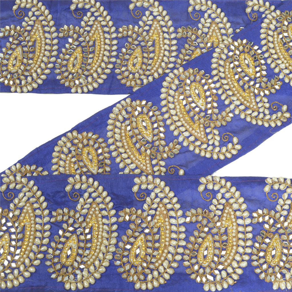 Sanskriti Hand Beaded Prom Dress Border 1 Yard Trim Purple Craft Lace Mirrors