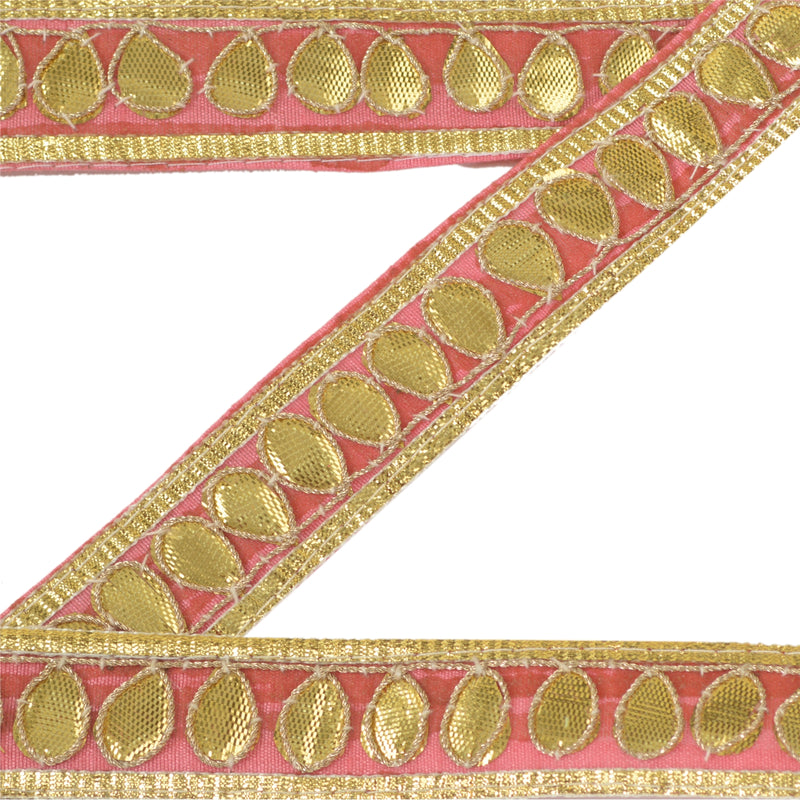 Sanskriti New Pink & Gold Gota Patti Trim Embroidered Sari Border Art Silk Lace 1Yd by upholstery fabric