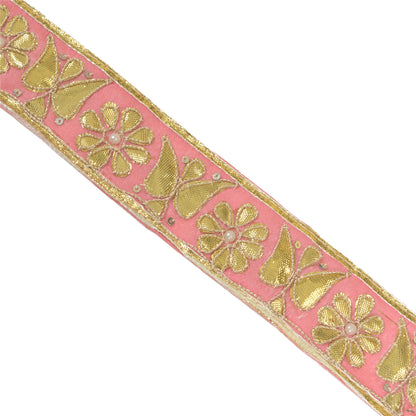 Sanskriti Hand Beaded Prom Dress Border 1 YD Trim Pink Craft Gota Patti Lace