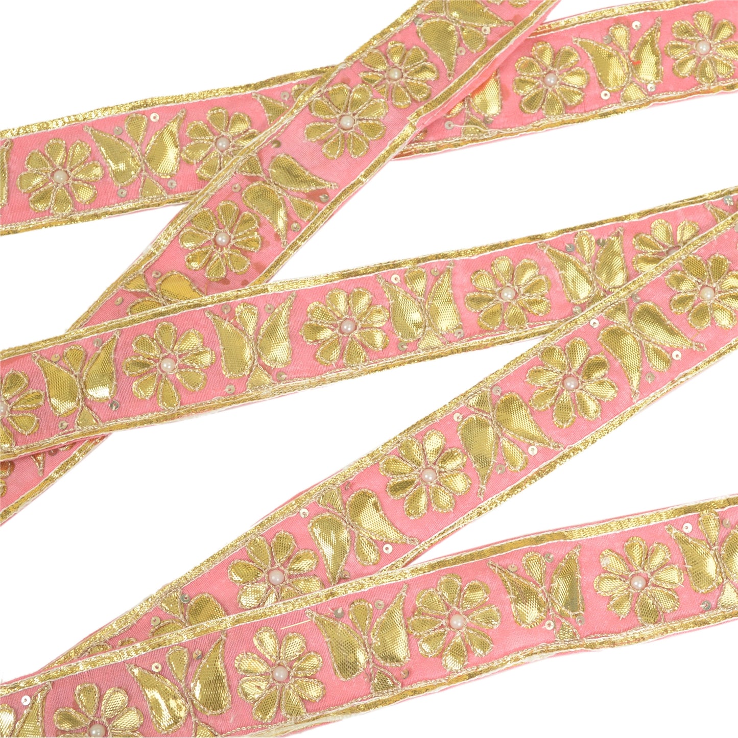 Sanskriti Hand Beaded Prom Dress Border 1 YD Trim Pink Craft Gota Patti Lace