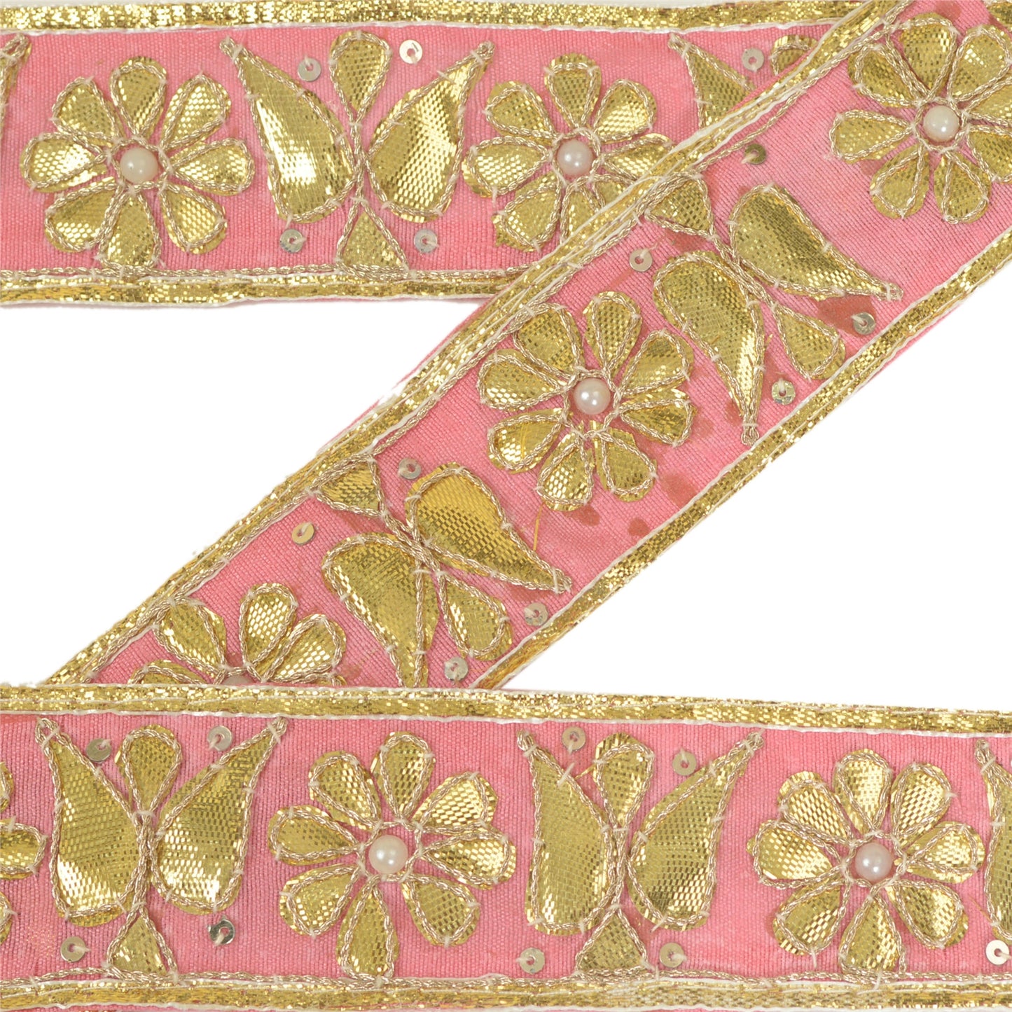 Sanskriti Hand Beaded Prom Dress Border 1 YD Trim Pink Craft Gota Patti Lace