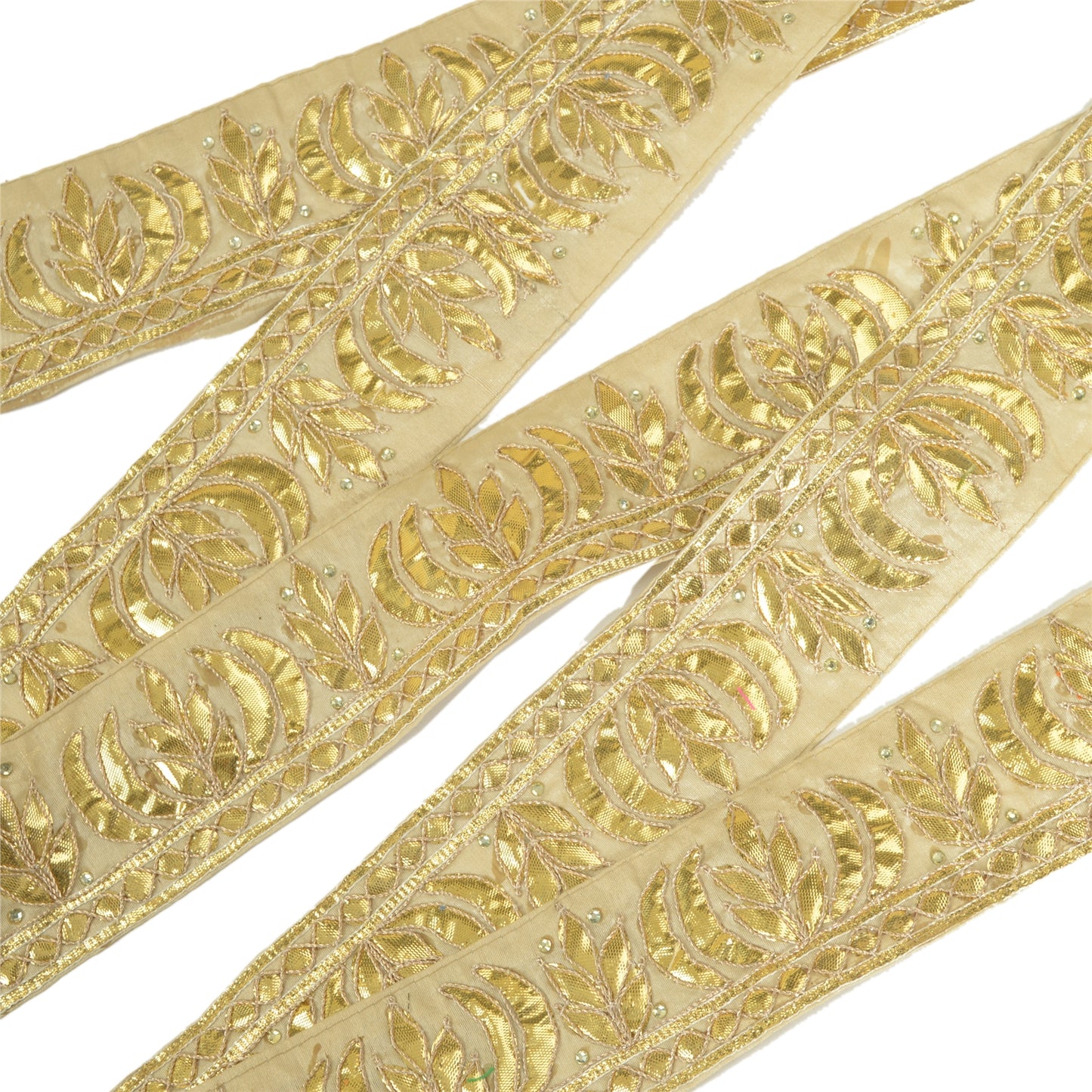 Sanskriti Hand Beaded Prom Dress Border 1 YD Trim Beige Craft Lace Gota Patti