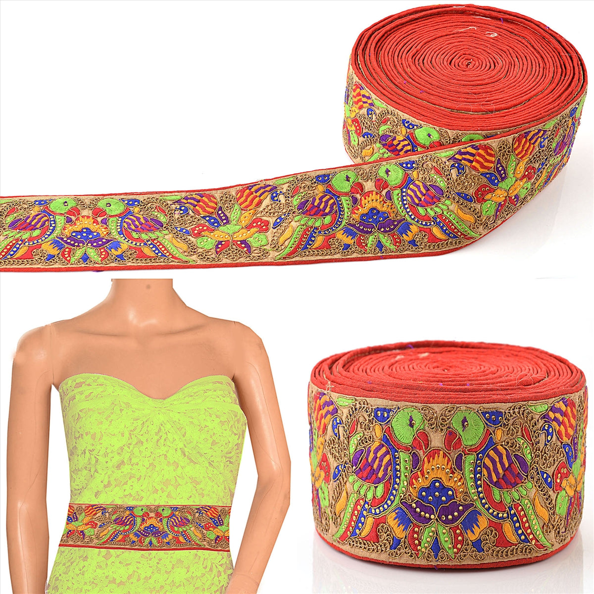 Hand Beaded Prom Dress Border 1 YD Trim Beige Craft Lace Rhinestone Work