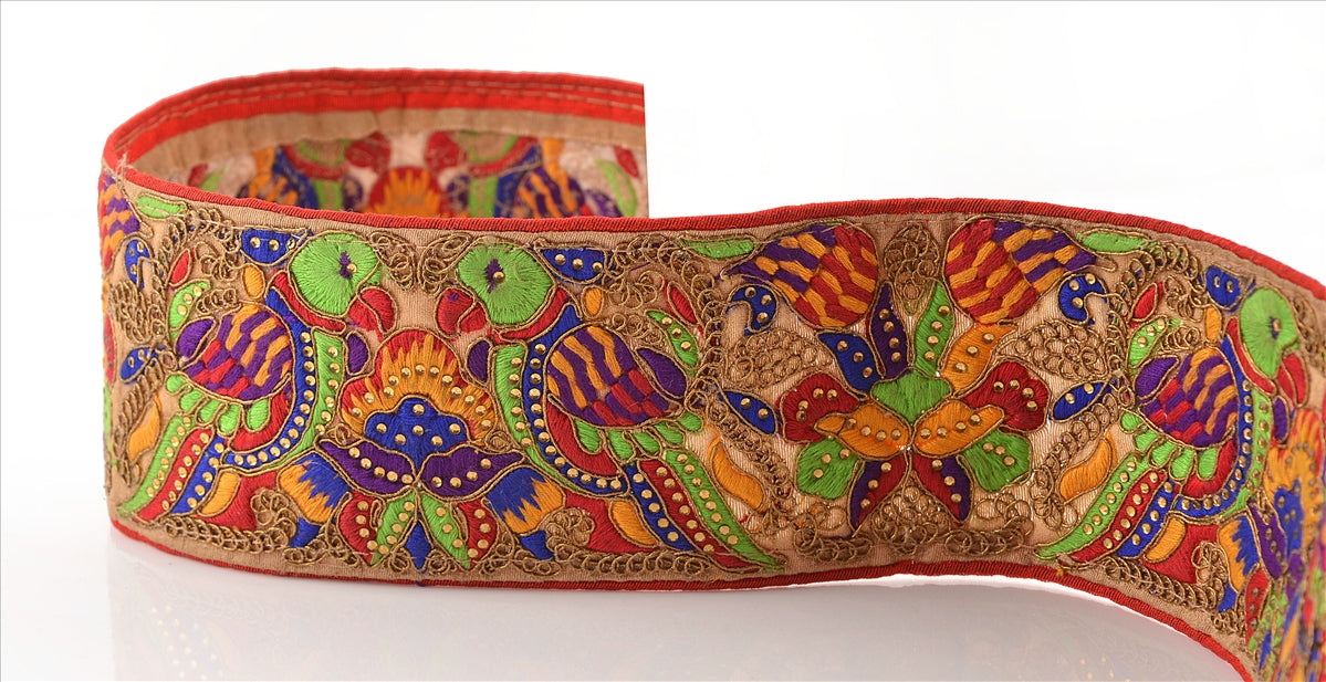 Hand Beaded Prom Dress Border 1 YD Trim Beige Craft Lace Rhinestone Work