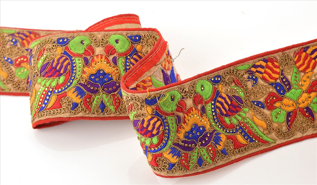 Hand Beaded Prom Dress Border 1 YD Trim Beige Craft Lace Rhinestone Work