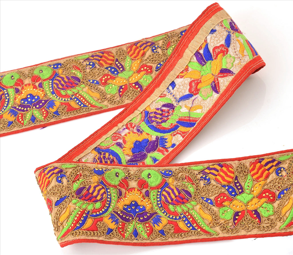 Hand Beaded Prom Dress Border 1 YD Trim Beige Craft Lace Rhinestone Work