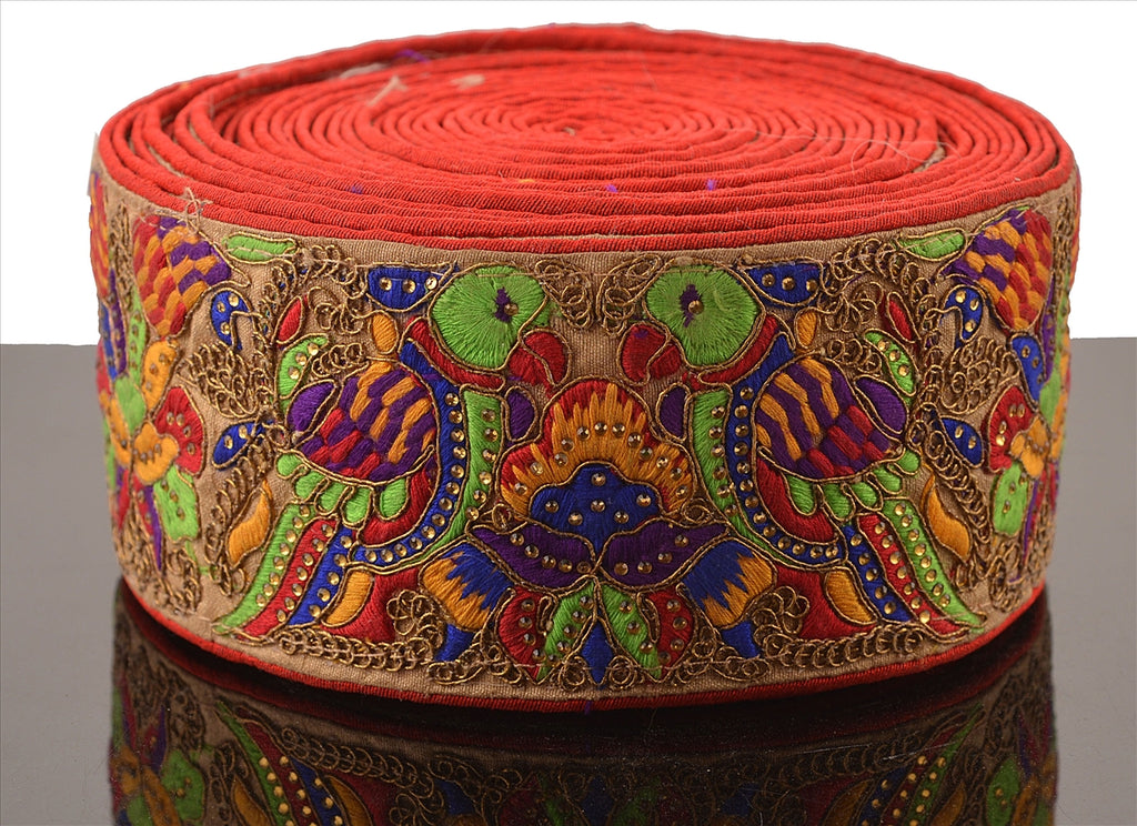 Hand Beaded Prom Dress Border 1 YD Trim Beige Craft Lace Rhinestone Work