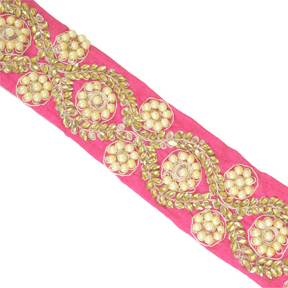 Sanskriti Hand Beaded Prom Dress Border 1 YD Trim Pink Craft Pearl Beads Lace