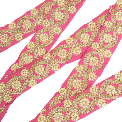 Sanskriti Hand Beaded Prom Dress Border 1 YD Trim Pink Craft Pearl Beads Lace