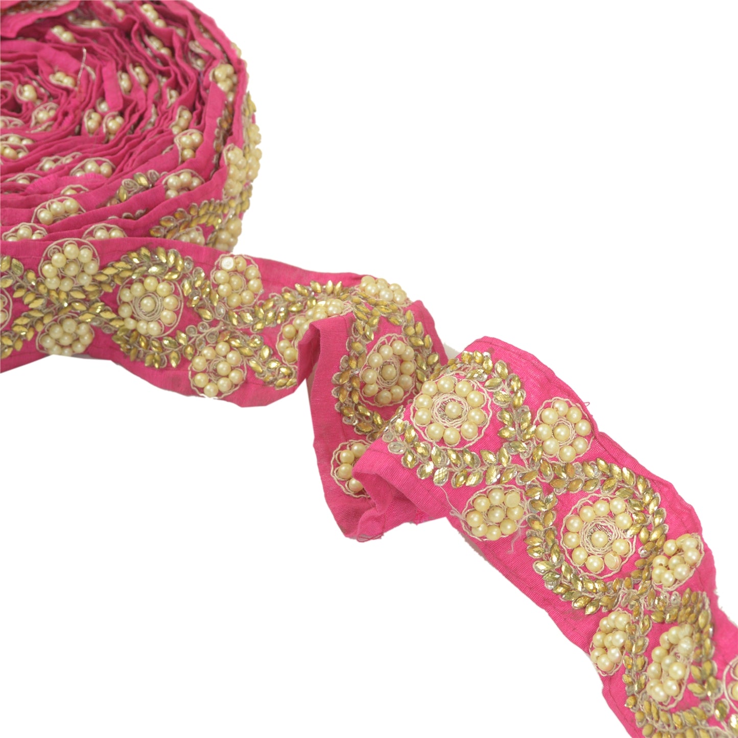 Sanskriti Hand Beaded Prom Dress Border 1 YD Trim Pink Craft Pearl Beads Lace