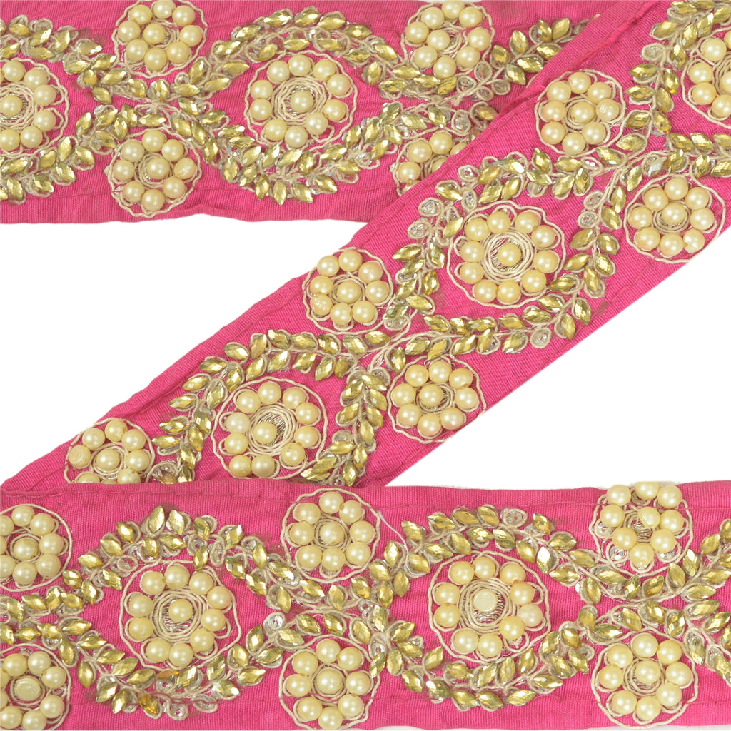 Sanskriti Hand Beaded Prom Dress Border 1 YD Trim Pink Craft Pearl Beads Lace