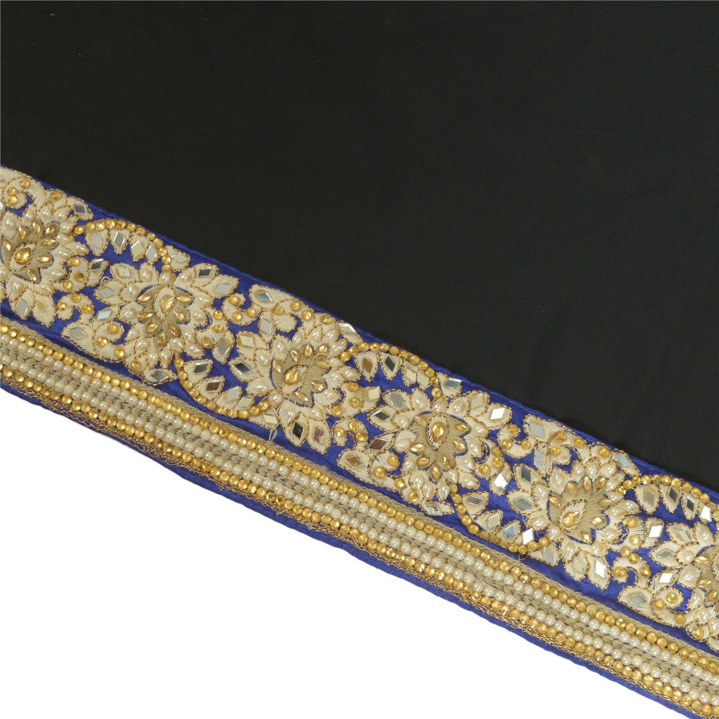 Sanskriti Hand Beaded Dress Border 1 YD Trim Blue Craft Sewing Pearl Beads Lace