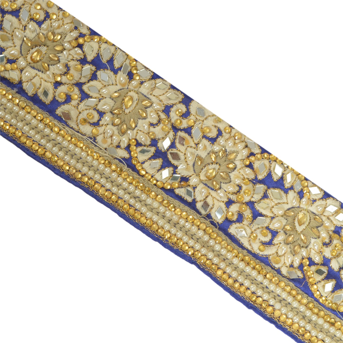Sanskriti Hand Beaded Dress Border 1 YD Trim Blue Craft Sewing Pearl Beads Lace
