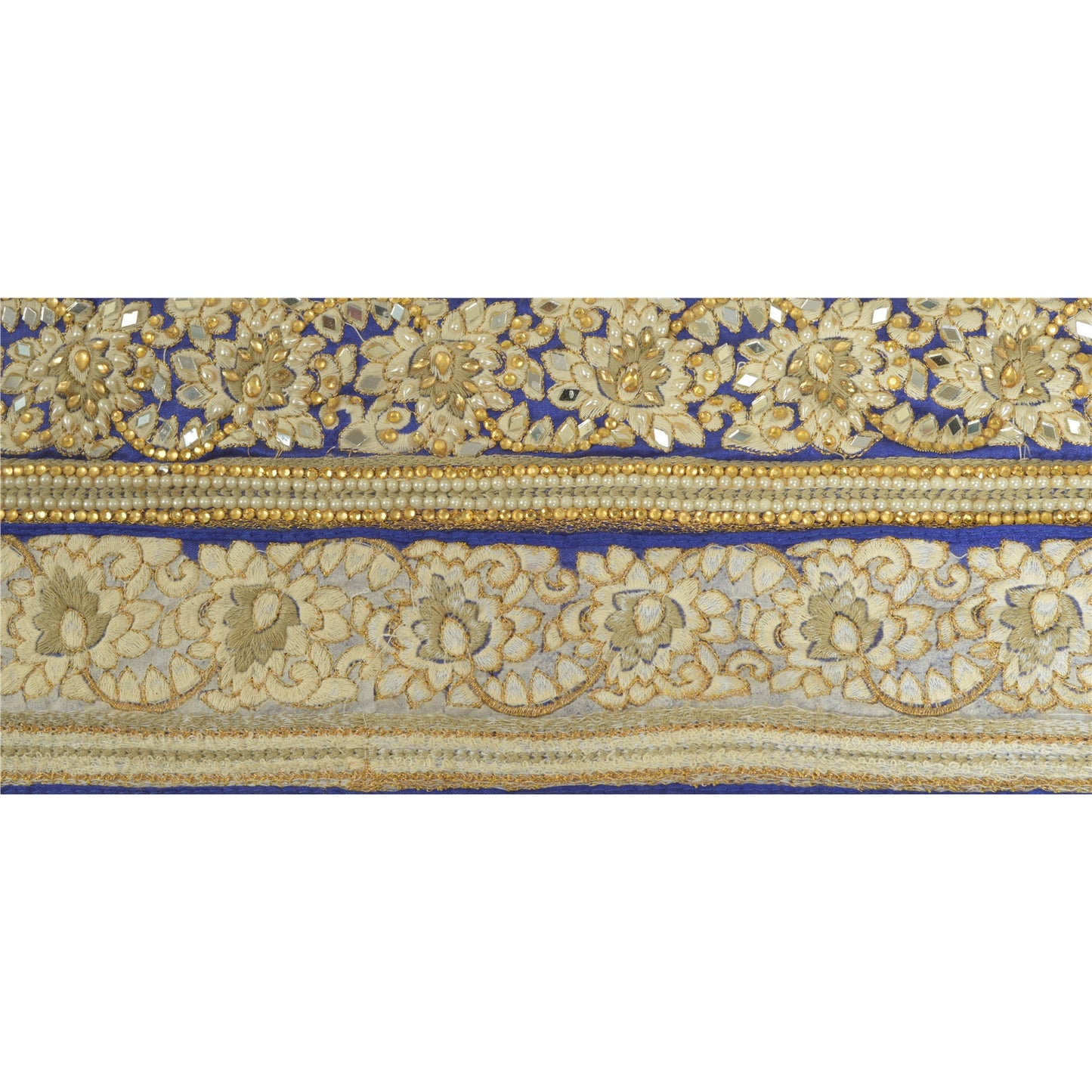 Sanskriti Hand Beaded Dress Border 1 YD Trim Blue Craft Sewing Pearl Beads Lace