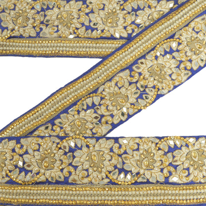 Sanskriti Hand Beaded Dress Border 1 YD Trim Blue Craft Sewing Pearl Beads Lace
