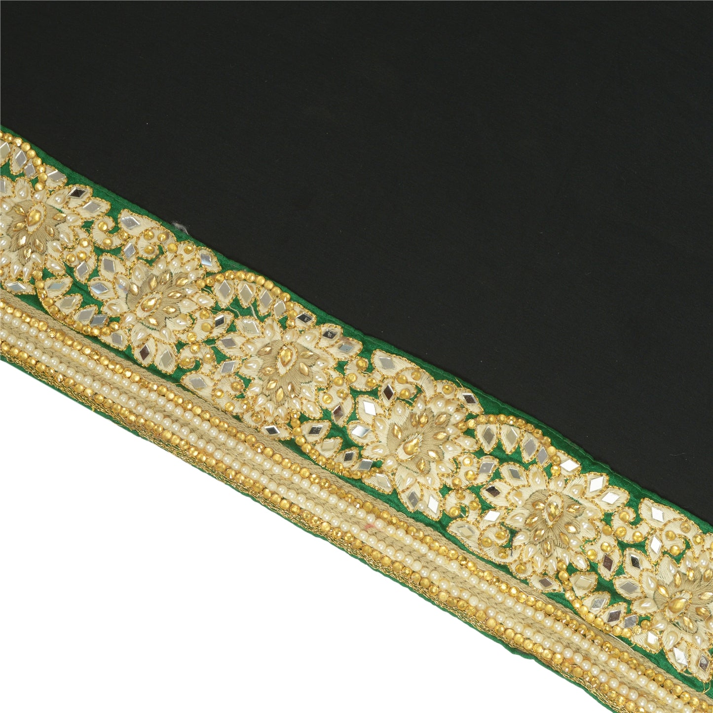 Sanskriti Hand Beaded Party Prom Border 1 YD Trim Green Craft Lace Mirrors