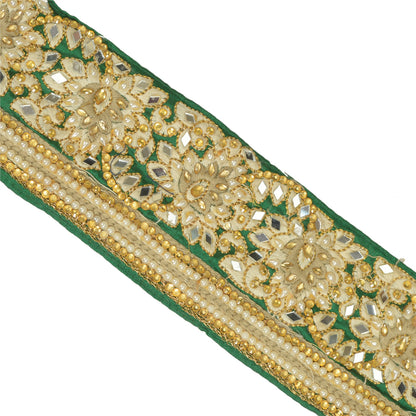 Sanskriti Hand Beaded Party Prom Border 1 YD Trim Green Craft Lace Mirrors