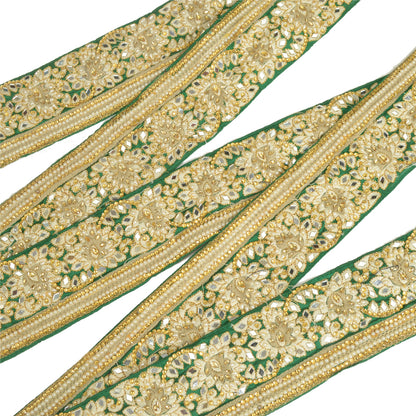 Sanskriti Hand Beaded Party Prom Border 1 YD Trim Green Craft Lace Mirrors