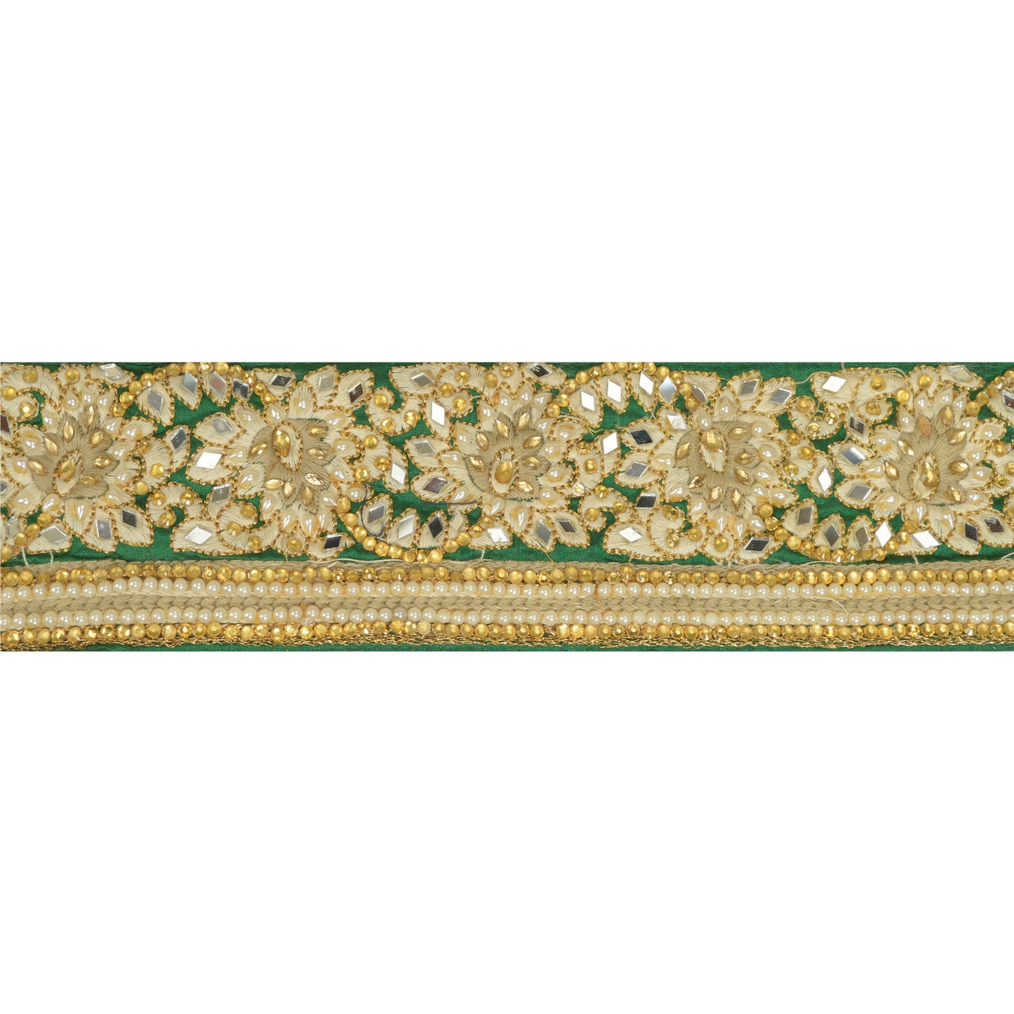 Sanskriti Hand Beaded Party Prom Border 1 YD Trim Green Craft Lace Mirrors