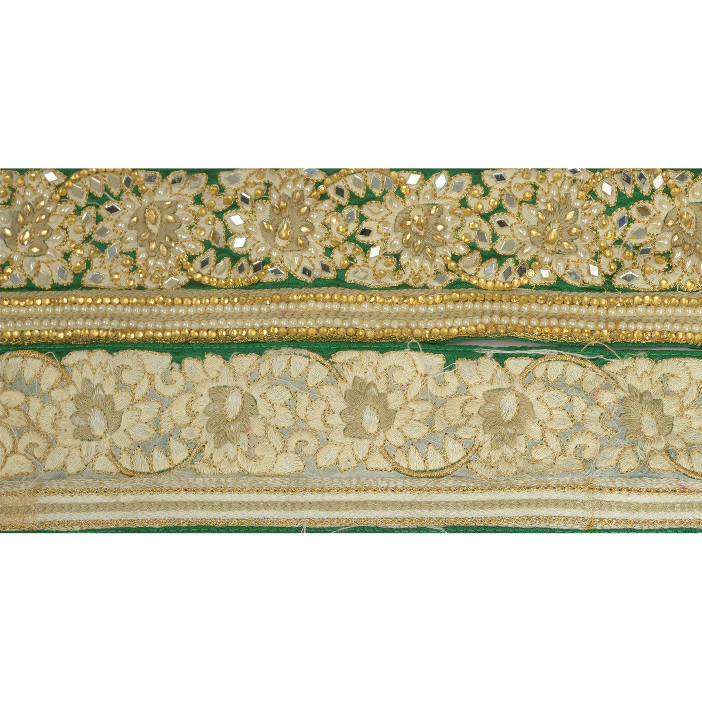 Sanskriti Hand Beaded Party Prom Border 1 YD Trim Green Craft Lace Mirrors