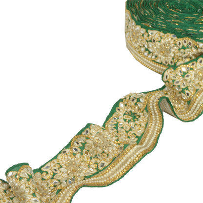 Sanskriti Hand Beaded Party Prom Border 1 YD Trim Green Craft Lace Mirrors