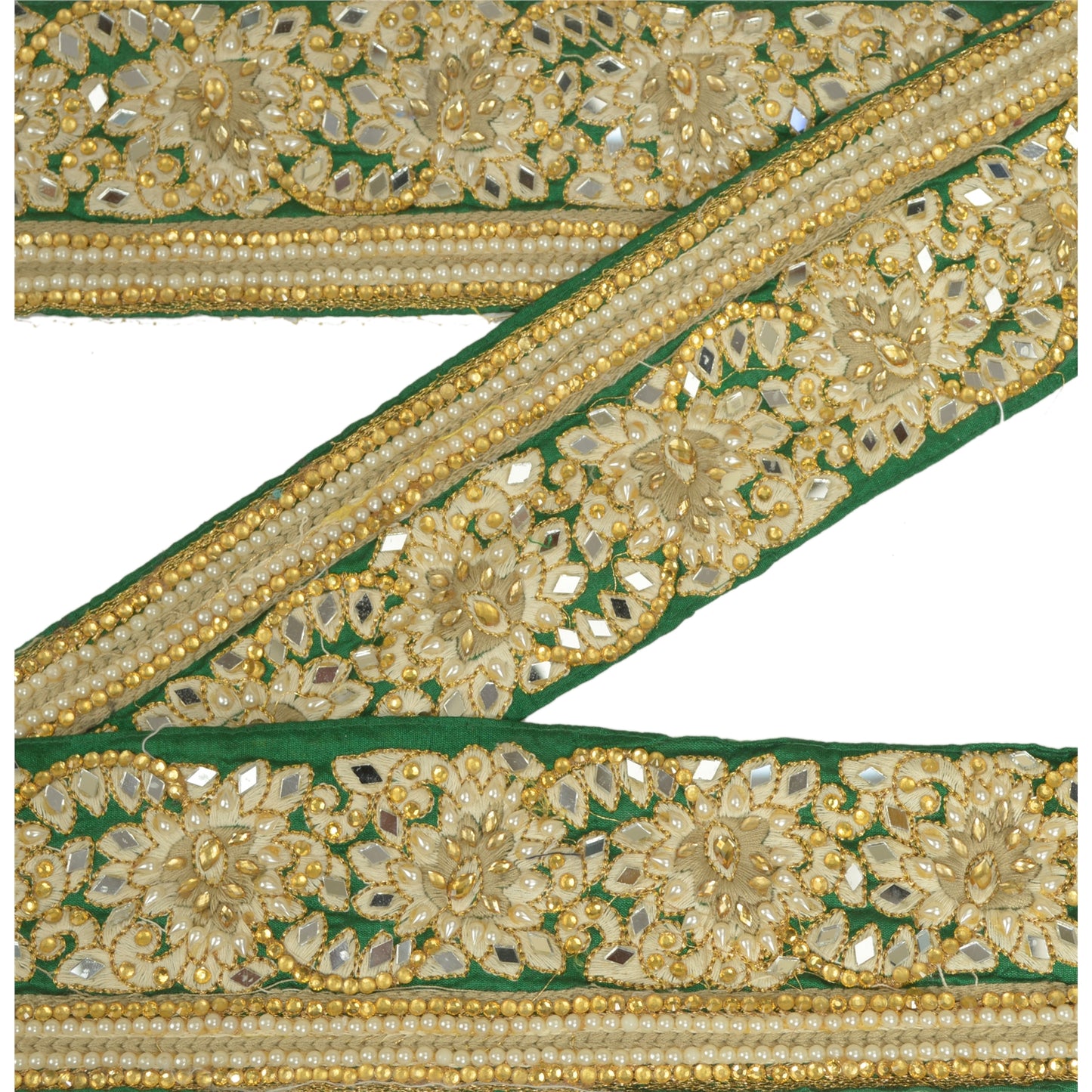 Sanskriti Hand Beaded Party Prom Border 1 YD Trim Green Craft Lace Mirrors