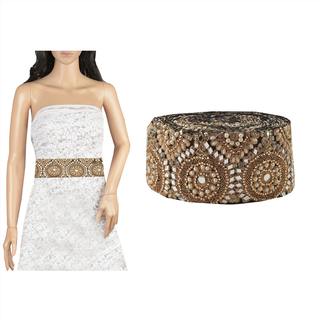 Hand Beaded Party Prom Dress Border 1 YD Trim Black Craft Lace Mirrors Pearls