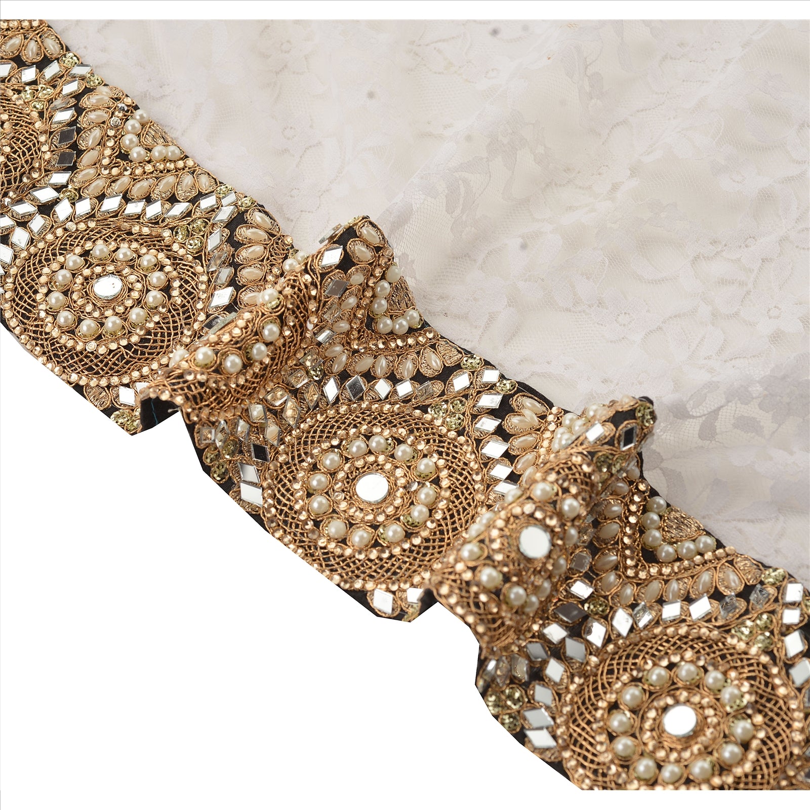 Hand Beaded Party Prom Dress Border 1 YD Trim Black Craft Lace Mirrors Pearls