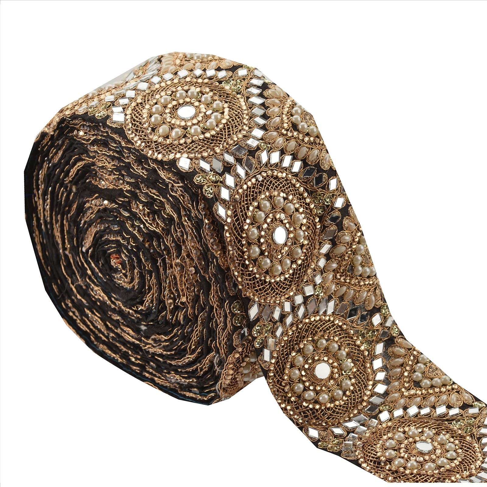 Hand Beaded Party Prom Dress Border 1 YD Trim Black Craft Lace Mirrors Pearls