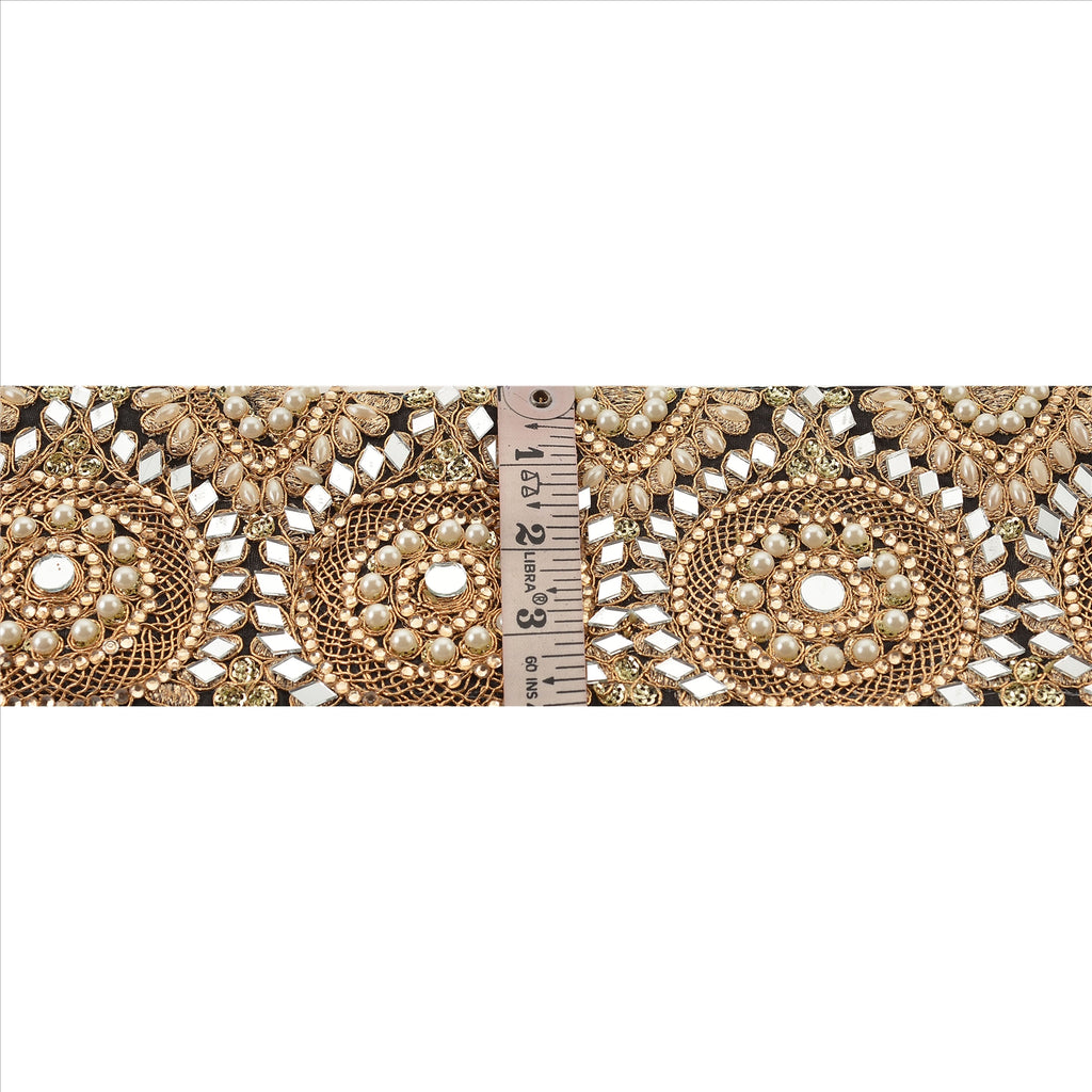 Hand Beaded Party Prom Dress Border 1 YD Trim Black Craft Lace Mirrors Pearls