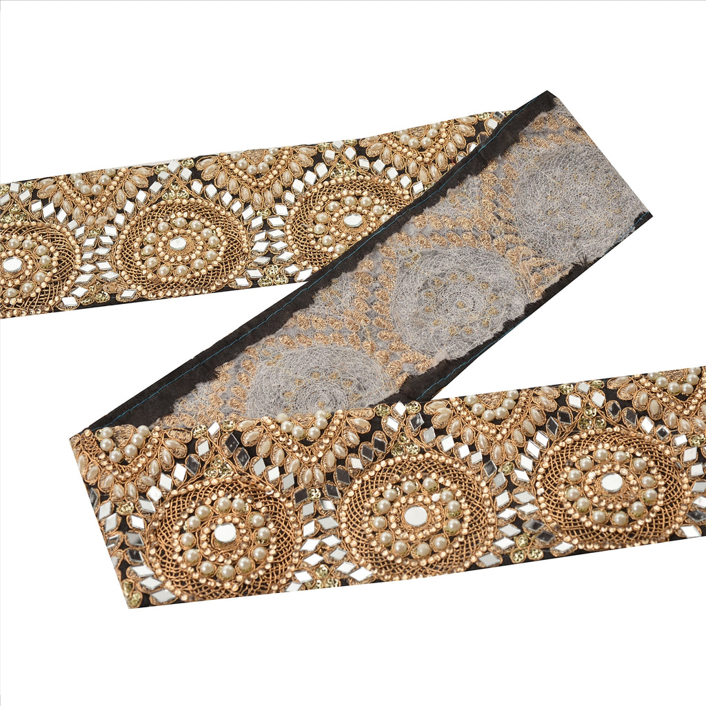 Hand Beaded Party Prom Dress Border 1 YD Trim Black Craft Lace Mirrors Pearls