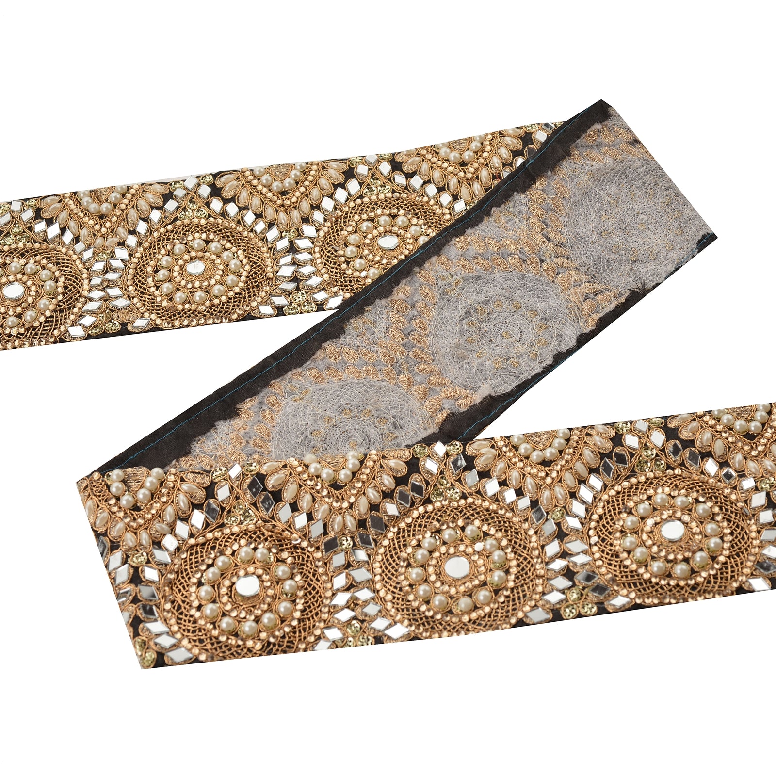 Hand Beaded Party Prom Dress Border 1 YD Trim Black Craft Lace Mirrors Pearls