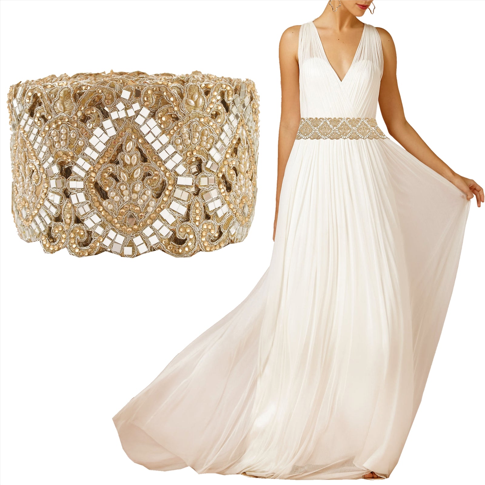 Sanskriti håndperlet brudekant 1 YD Trim gylden cutwork kant håndlavet blonde spejle