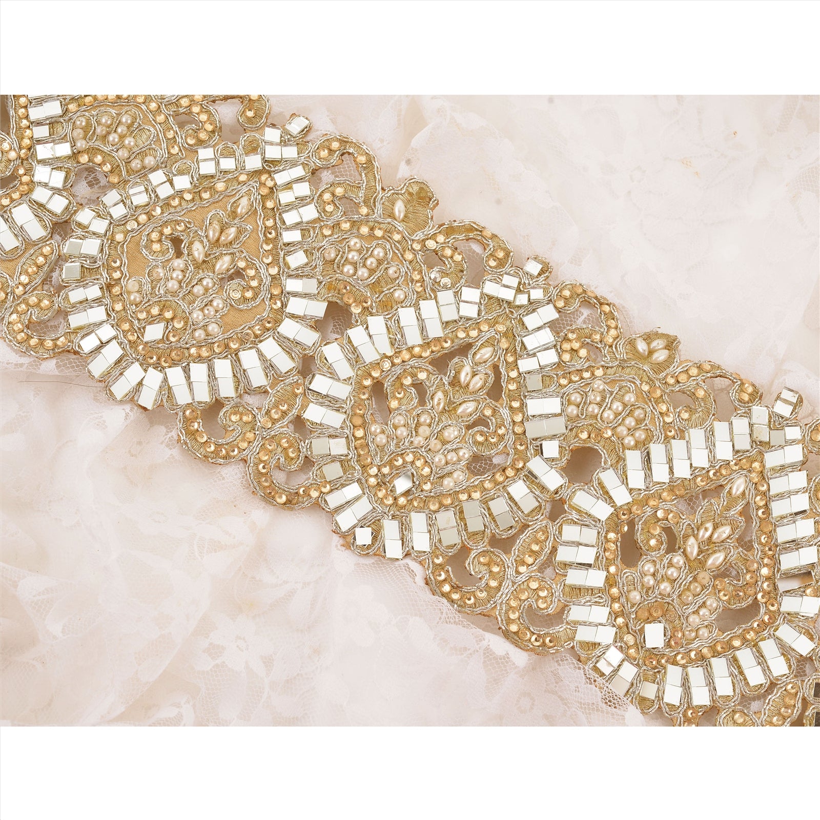 Sanskriti håndperlet brudekant 1 YD Trim gylden cutwork kant håndlavet blonde spejle