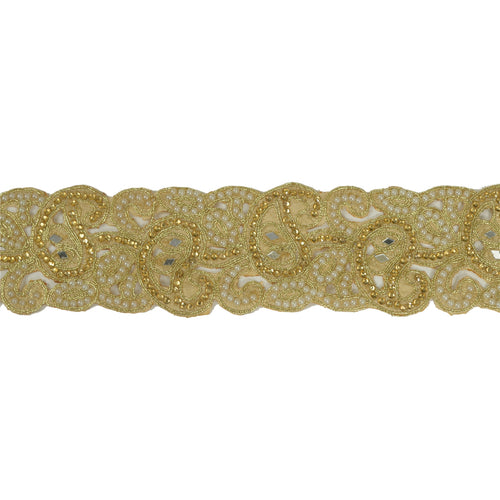 Sanskriti Hand Beaded Bridal Border 1 YD Trim Golden Craft Pearls Mirror Lace