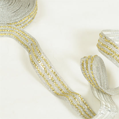 Sanskriti Hand Beaded Dress Border 1YD Trim Silver Craft Lace Sewing Rhinestones