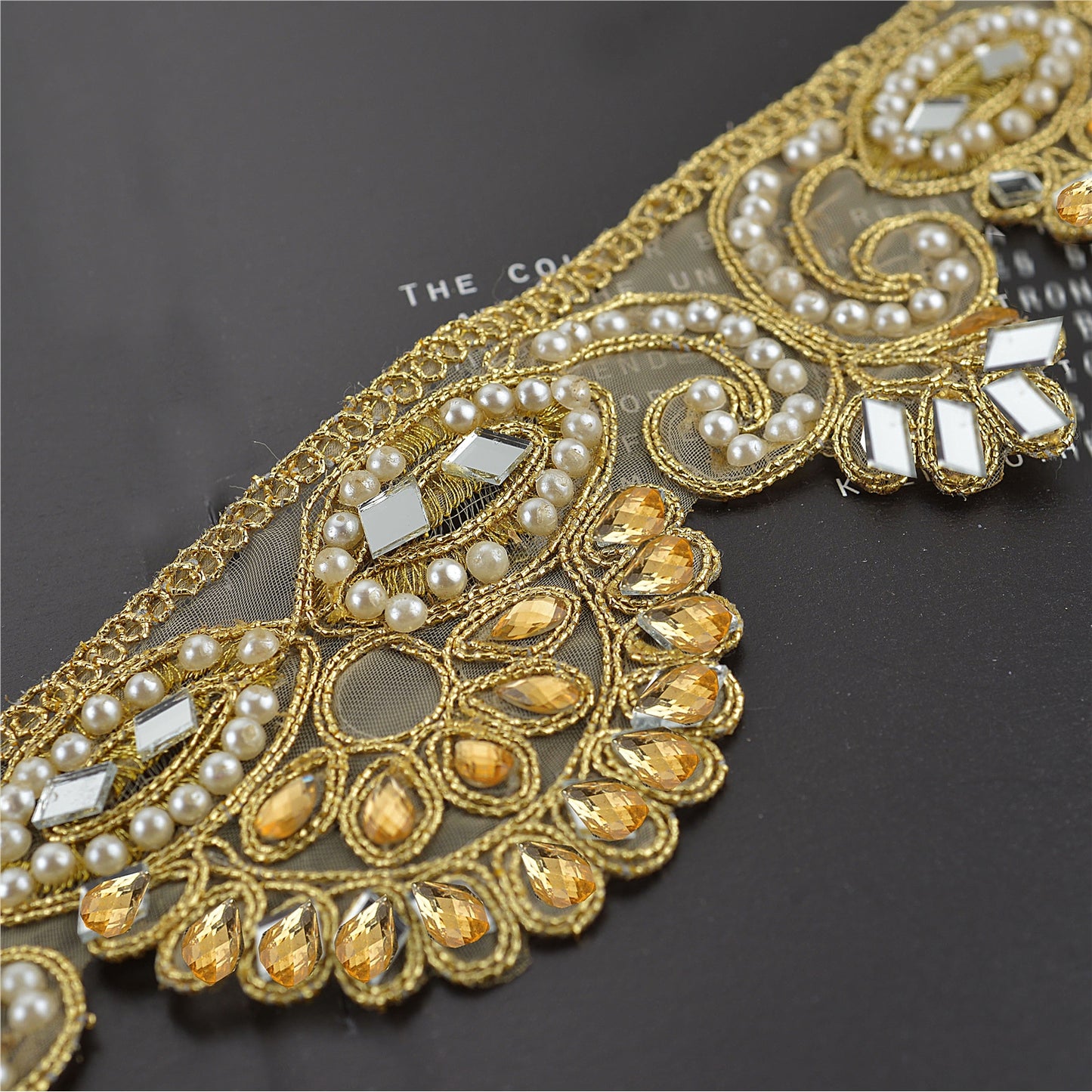 Sanskriti Indian Hand Beaded Bridal Dress Border 1 YD Trim Ribbon Golden Sewing Pearl Lace