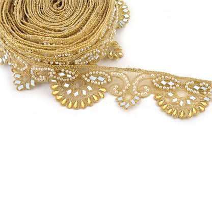Sanskriti Indian Hand Beaded Bridal Dress Border 1 YD Trim Ribbon Golden Sewing Pearl Lace
