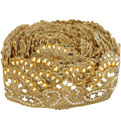 Sanskriti Indian Hand Beaded Bridal Dress Border 1 YD Trim Ribbon Golden Sewing Pearl Lace