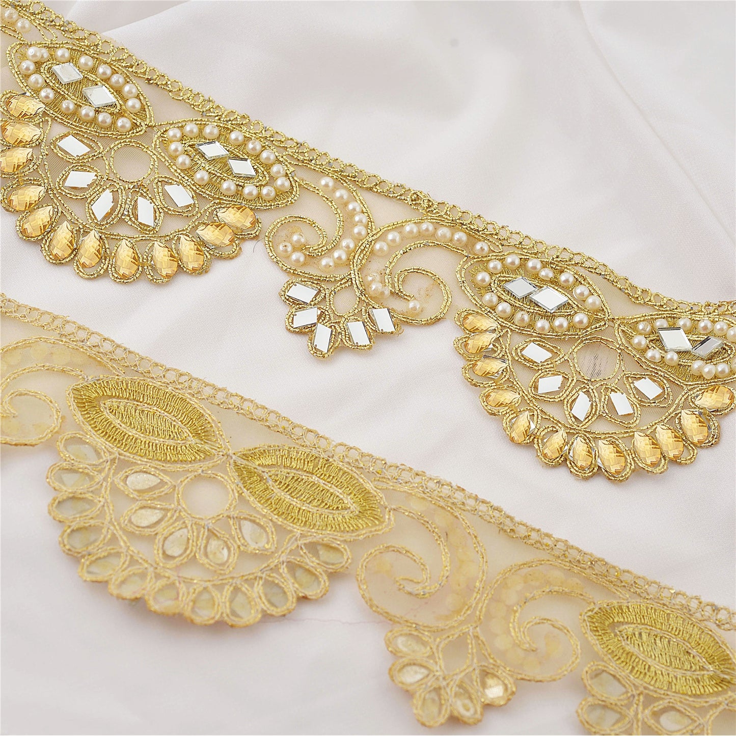 Sanskriti Indian Hand Beaded Bridal Dress Border 1 YD Trim Ribbon Golden Sewing Pearl Lace