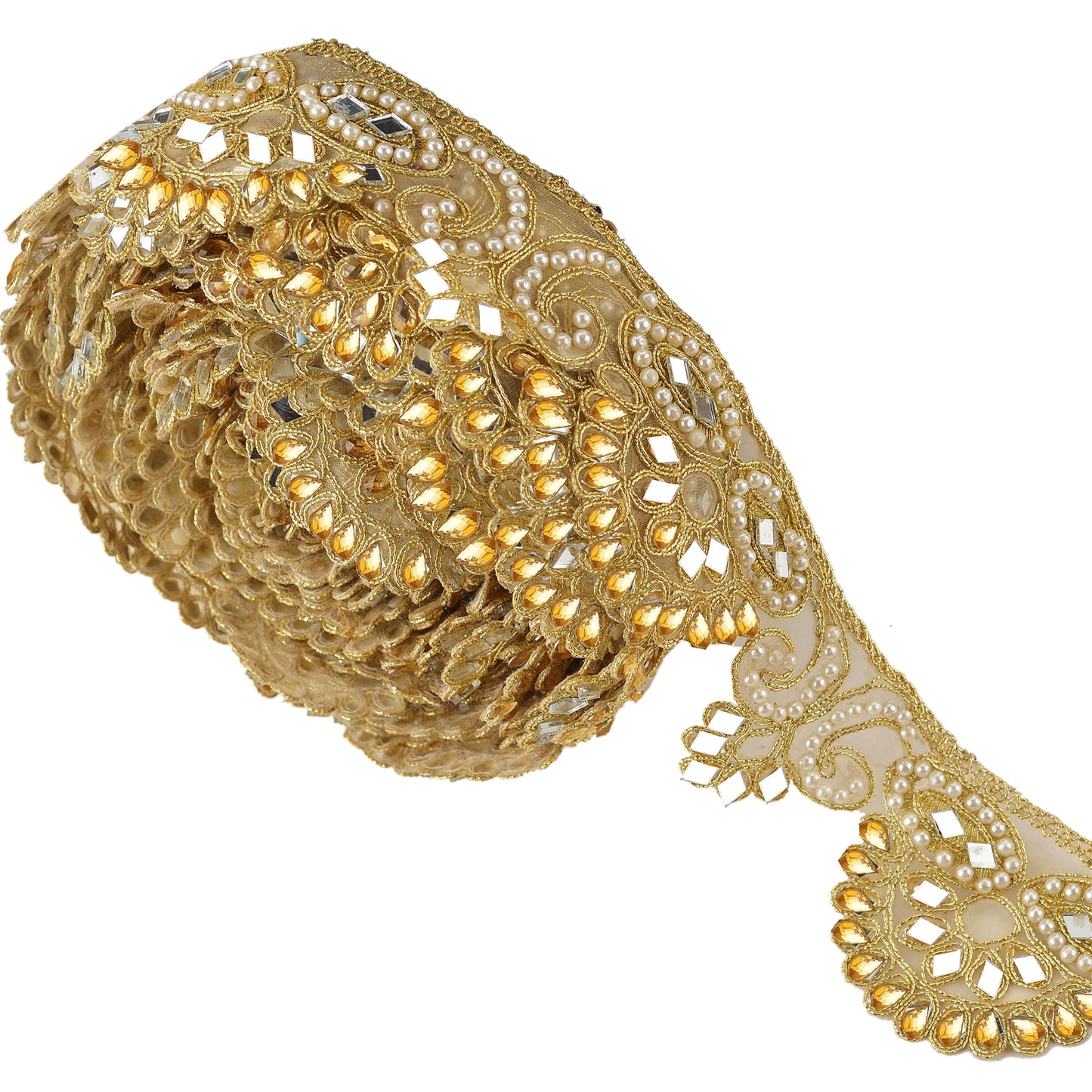 Sanskriti Indian Hand Beaded Bridal Dress Border 1 YD Trim Ribbon Golden Sewing Pearl Lace