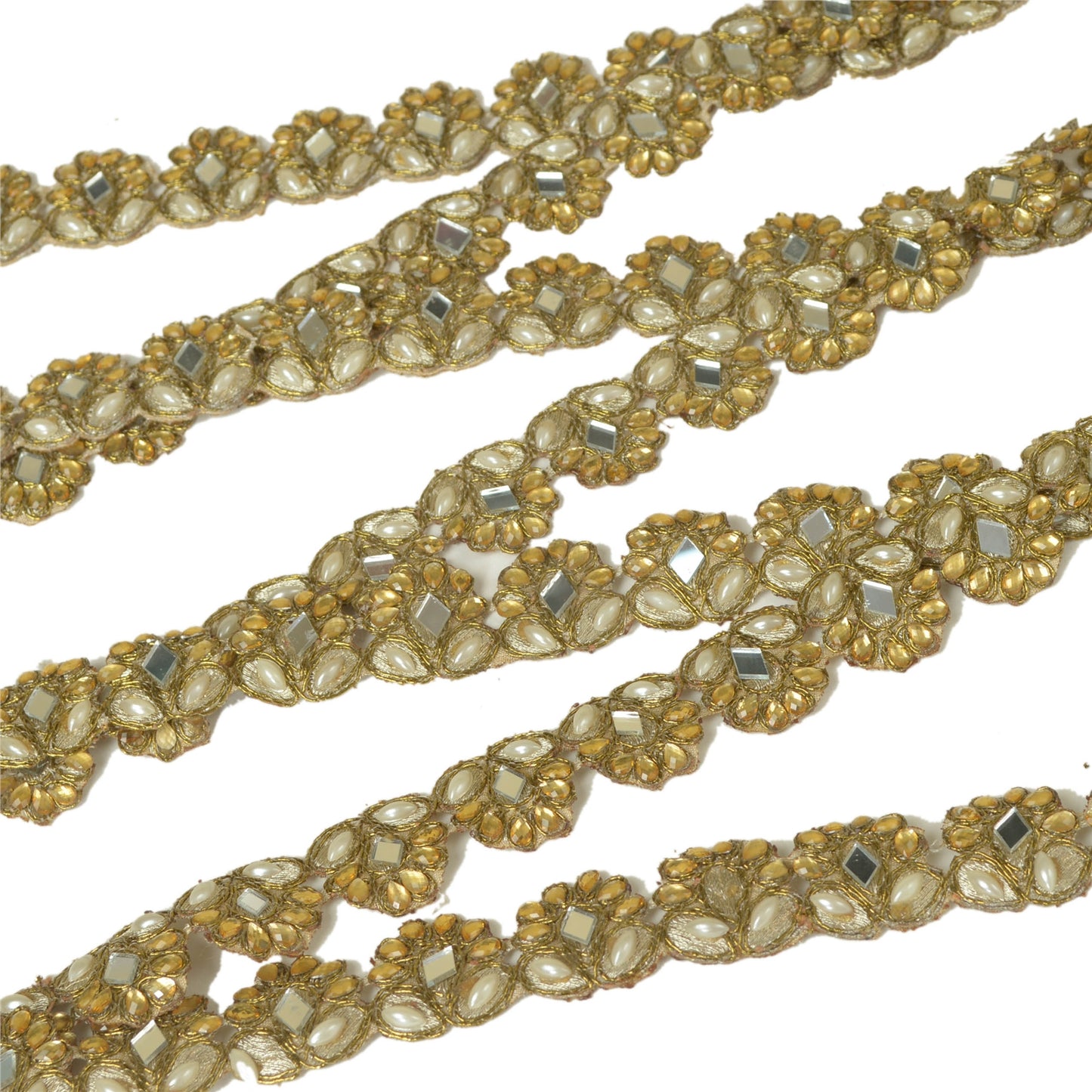 Sanskriti Hand Beaded Bridal Dress Border 1 YD Trim Ribbon Golden Sewing Lace