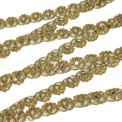 Sanskriti Hand Beaded Bridal Dress Border 1 YD Trim Ribbon Golden Sewing Lace